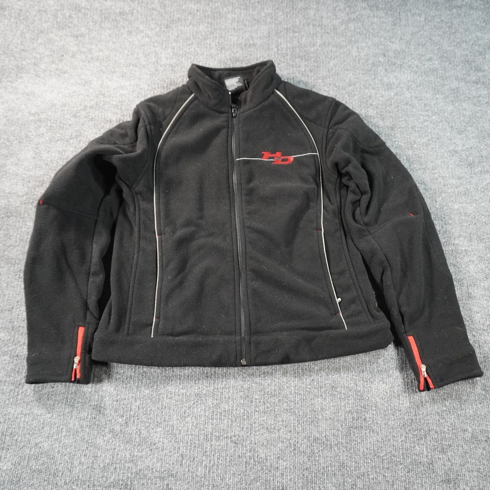 Harley Davidson Fleece Jacket Womens Large Black Full Zip Moto Biker Embroidered